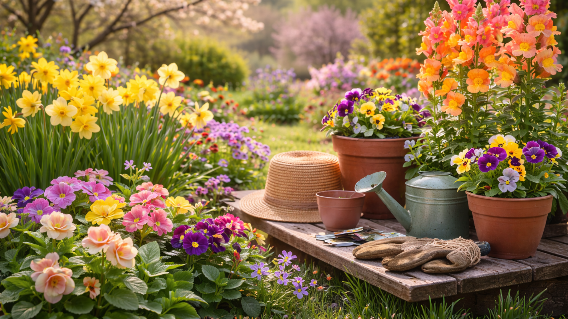 Early spring garden with blooming daffodils, primrose, snapdragons, and potted flowers at Logan’s Ga