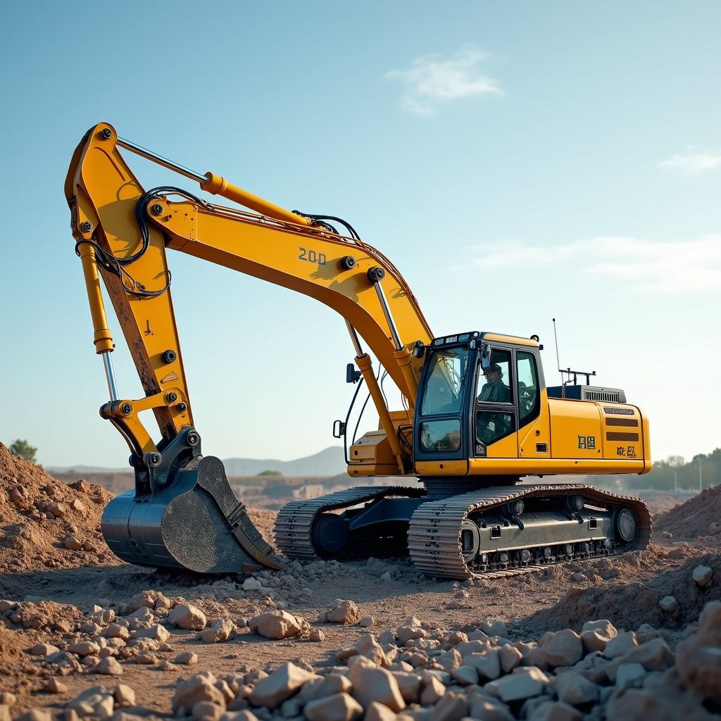 Escavatore giallo in un cantiere edile, che raccoglie terra. Cielo sereno e soleggiato.