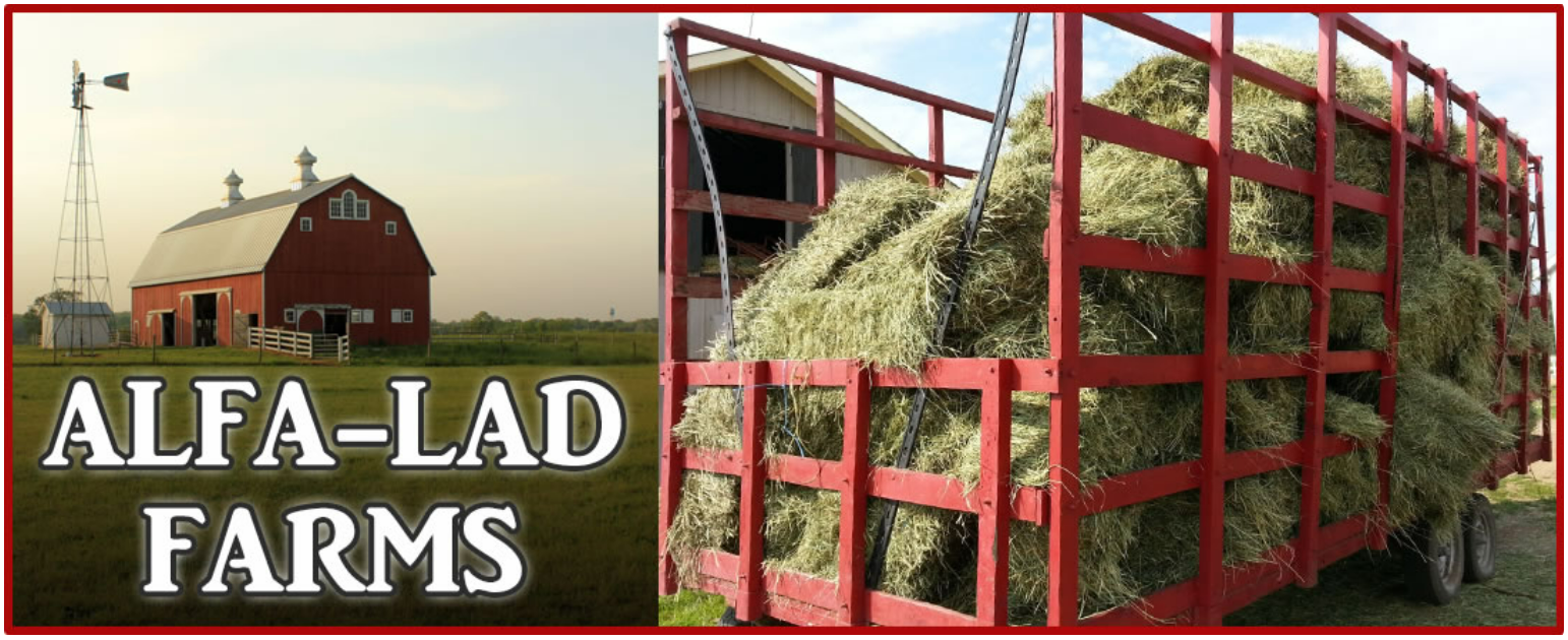 A truck filled with hay is parked in front of a barn.
