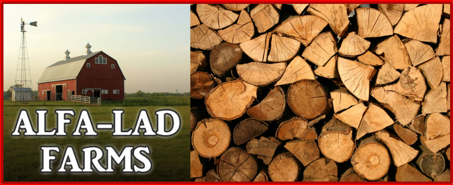 An ad for alfa-lad farms shows a barn and a pile of logs An ad for alfa-lad farms shows a barn and a pile of logs
