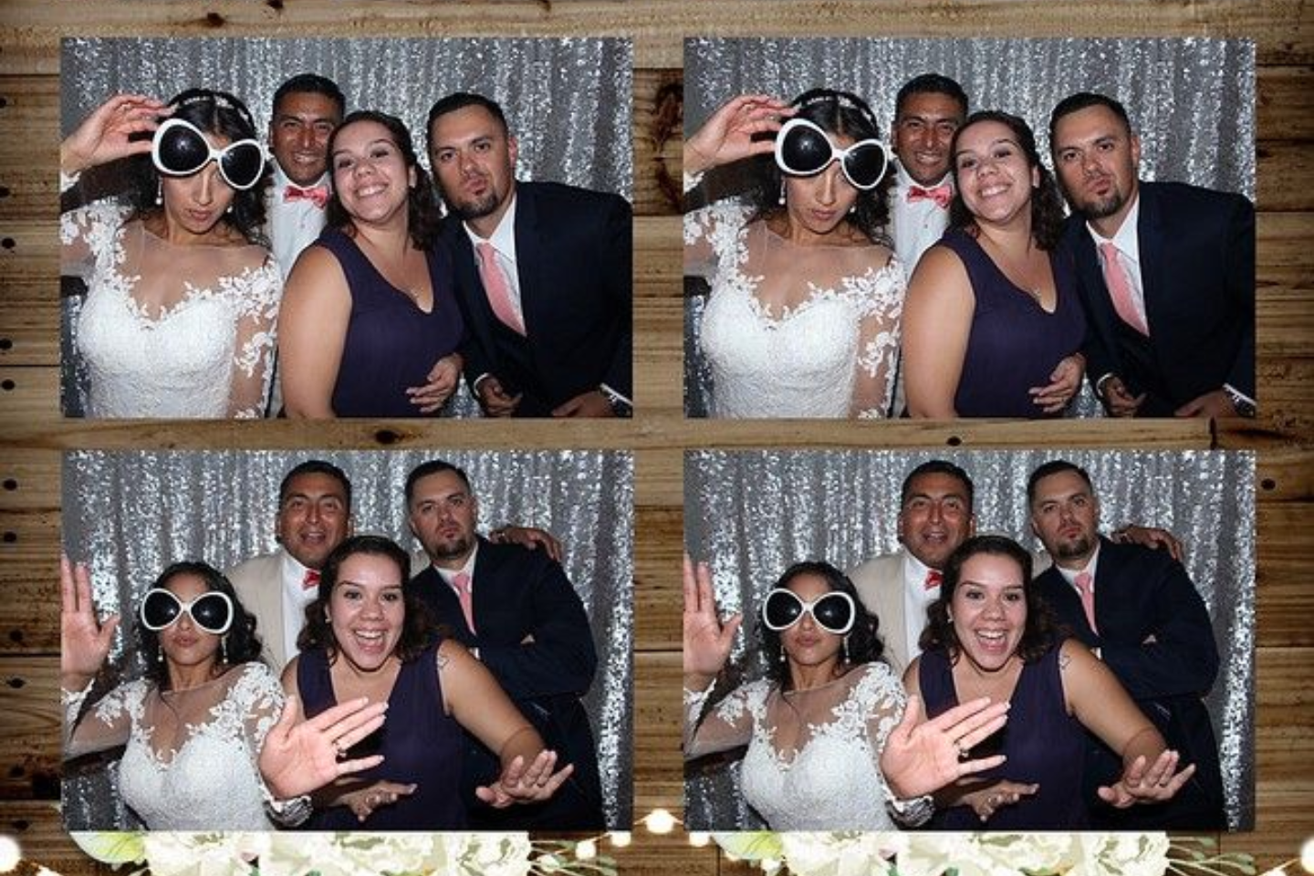 Four-panel photo booth strip of a group of four people, including a bride, smiling and posing in front of a sequined backdrop.