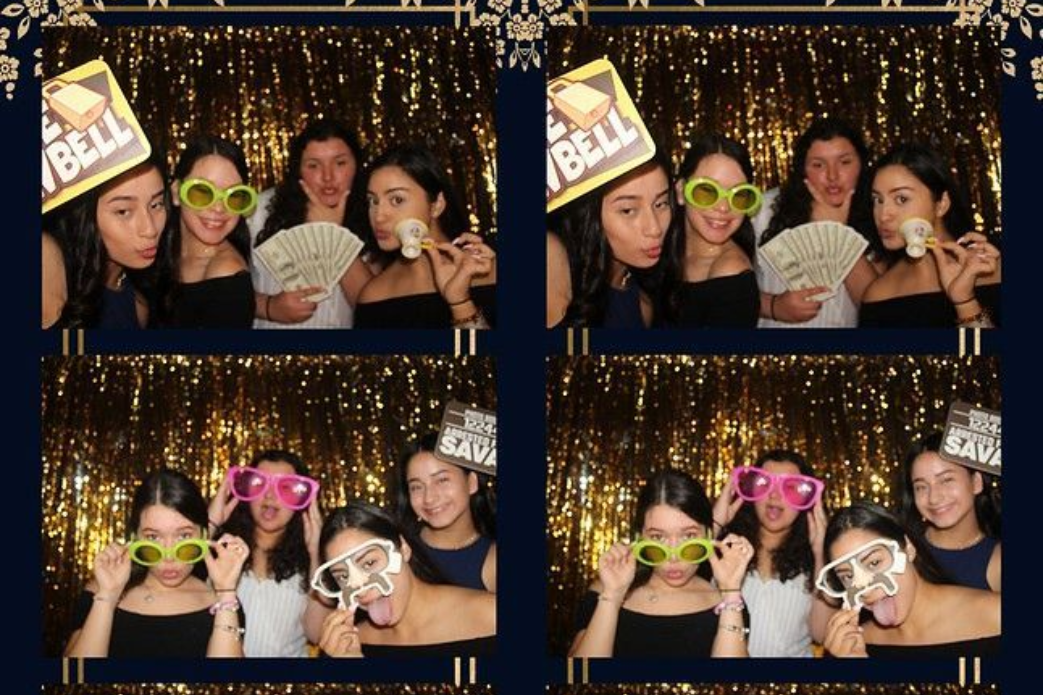 Three-panel photo strip of a group of friends using props like oversized glasses and play money against a gold backdrop.