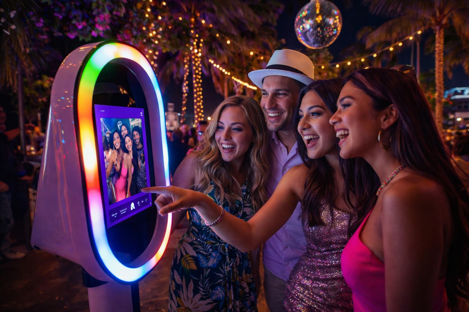 Guests using a salsa photo booth at a Miami event with interactive touchscreen, colorful lighting, and a lively party atmosphere