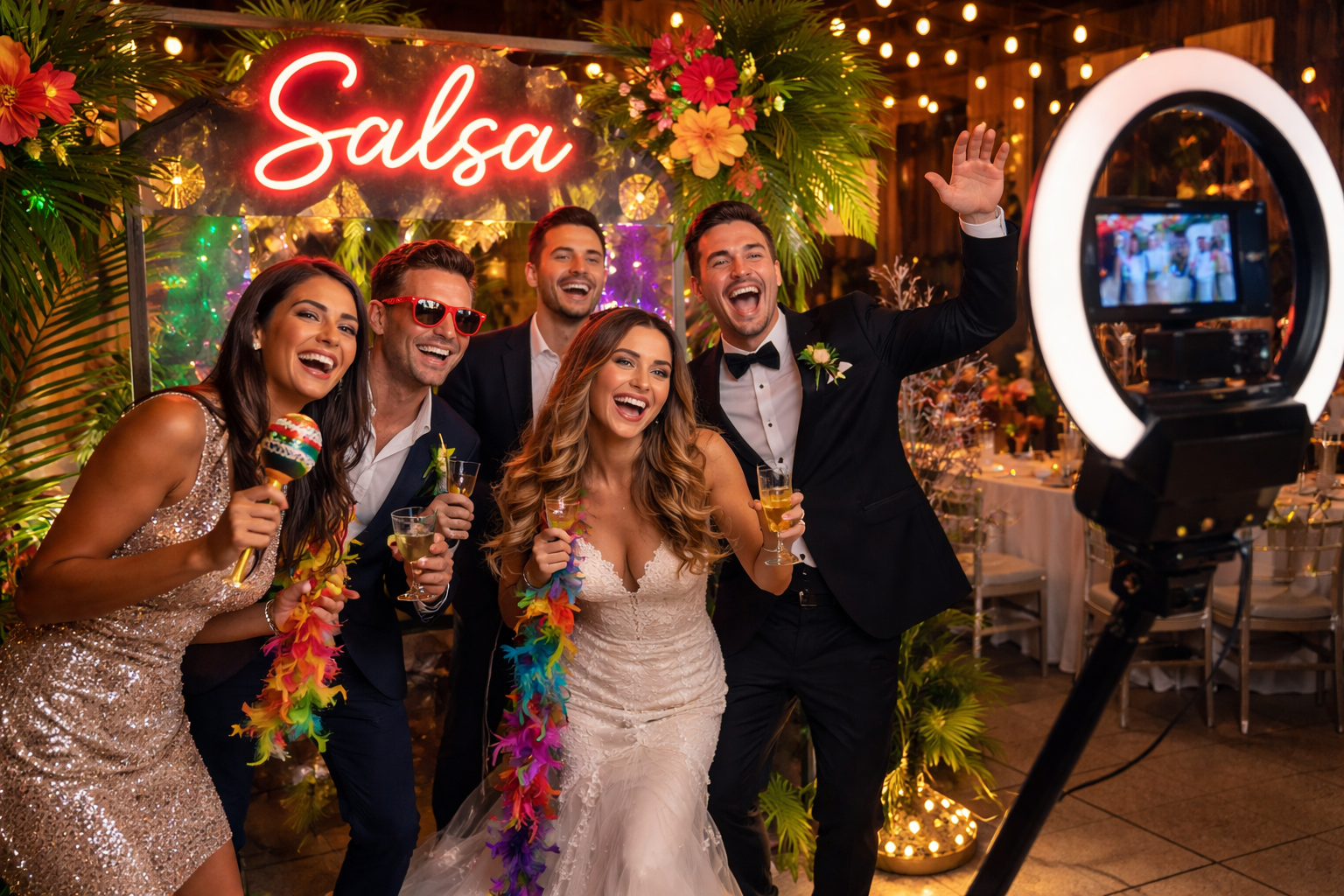 Bride and guests using a salsa photo booth at a Miami wedding with tropical decor, fun props, and interactive photo booth experience