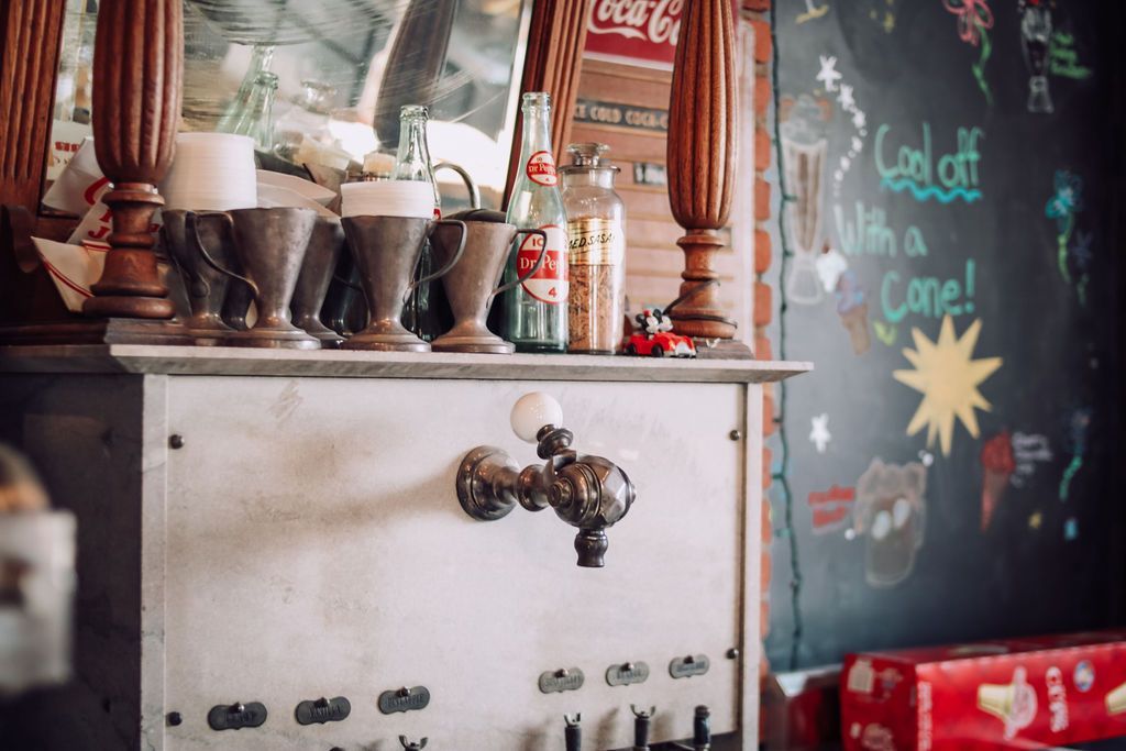 Soda fountain with vintage decor, chalkboard sign 