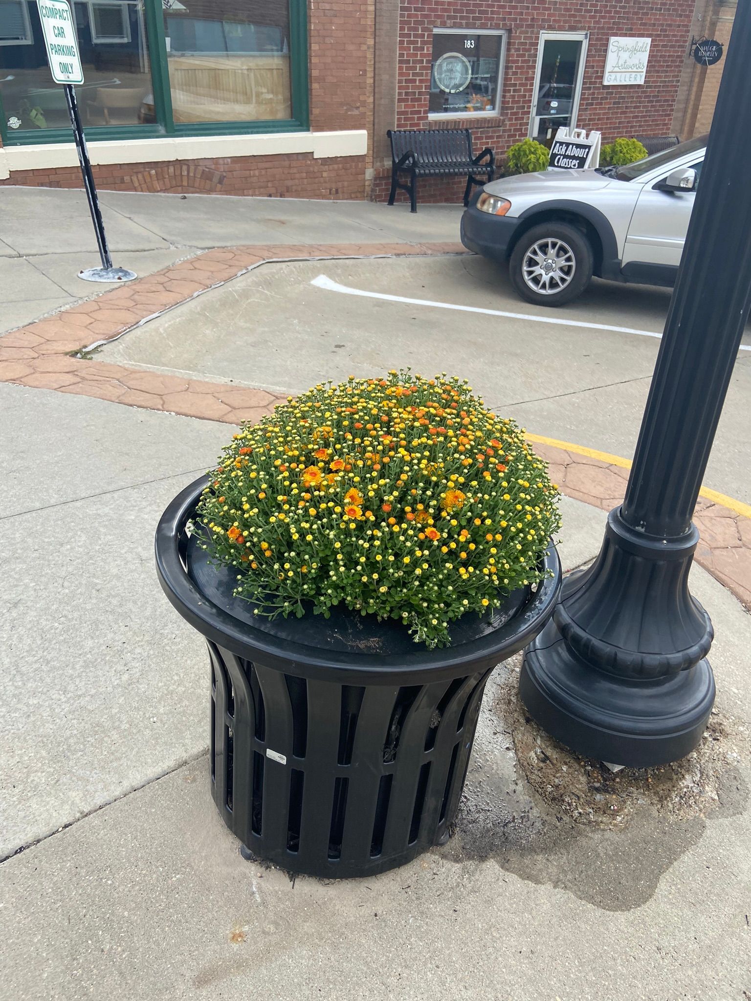 Black planter with orange and green flowers next to a black lamp post on a sidewalk.