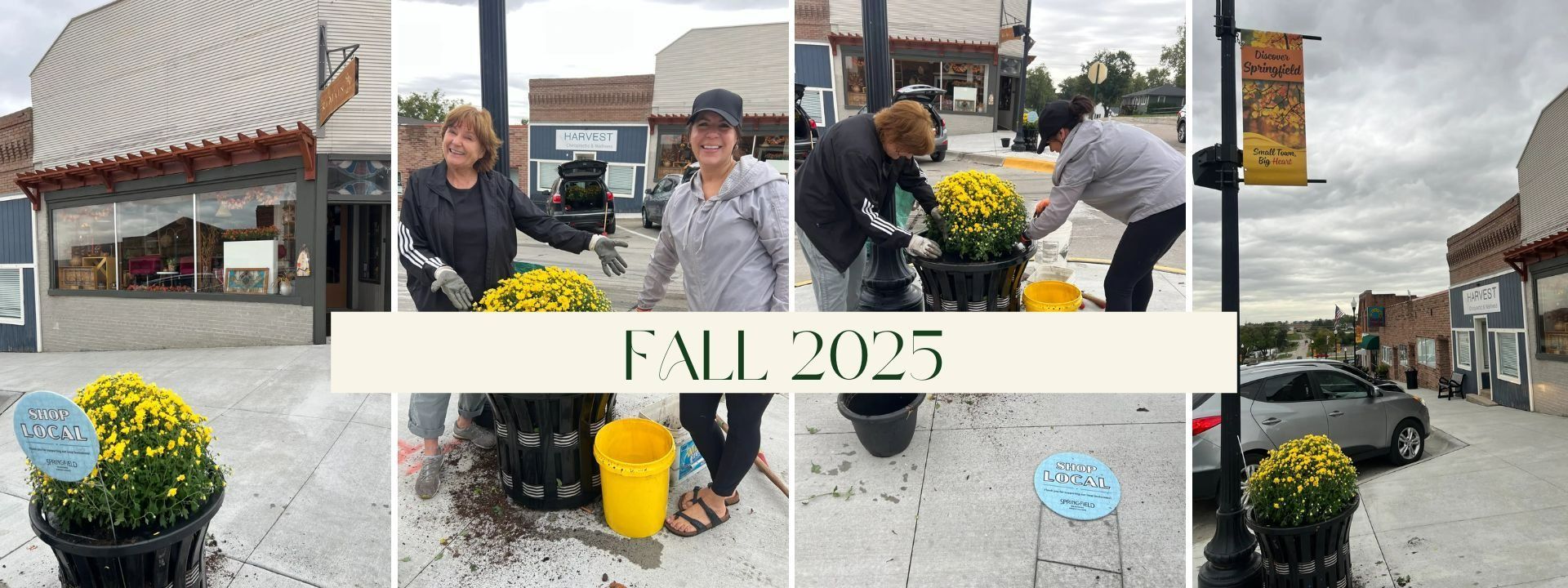 People planting yellow flowers in planters on a sidewalk in front of buildings. 