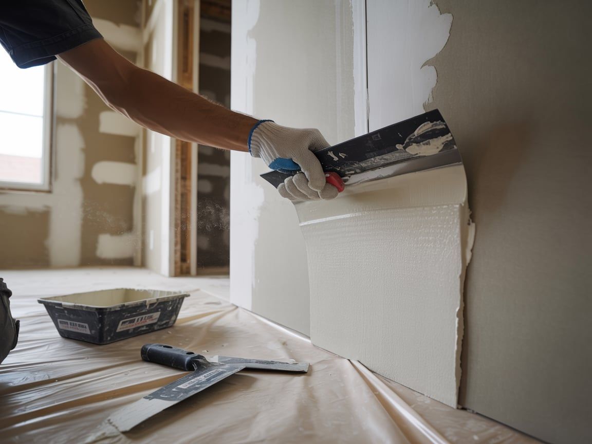 Person applying drywall compound to a wall with a trowel, construction setting.