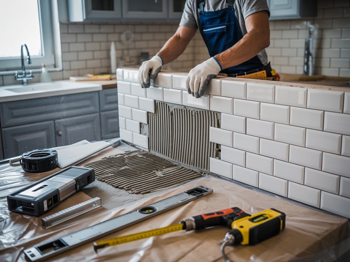 Man tiling a kitchen countertop, wearing gloves. Tools and tiles are on the counter.