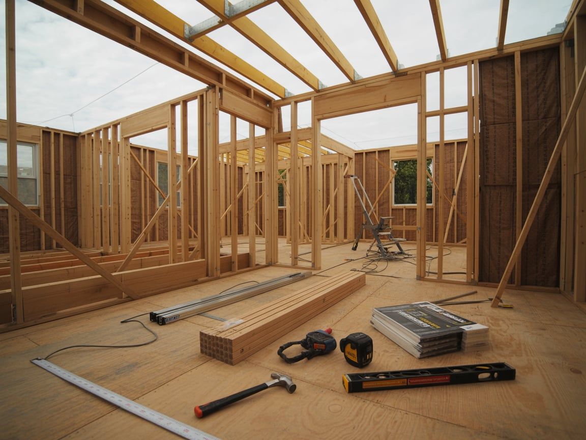 Interior of a wooden house under construction; exposed framing, tools on floor, natural light.