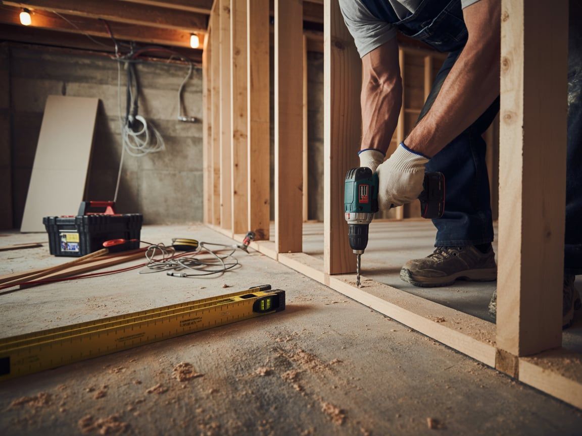 A person uses a drill to secure wooden framing on a concrete floor during a home renovation.