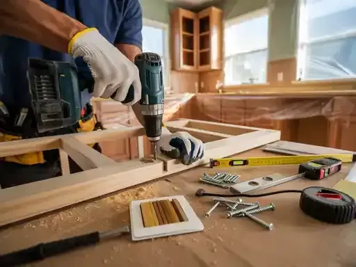 Person using a power drill to assemble a wooden frame in a kitchen under renovation.