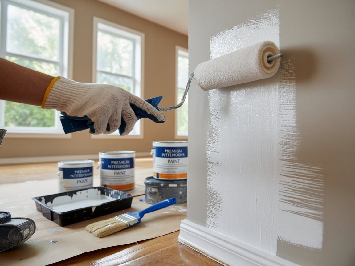 Person painting a white wall with a paint roller inside a room with three paint cans, brush, and paint tray.
