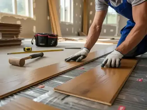 Person installing wooden flooring with a hammer and measuring tape in a room under construction.