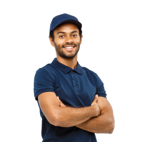 Image of a smiling worker, with a navy cap and polo shirt.