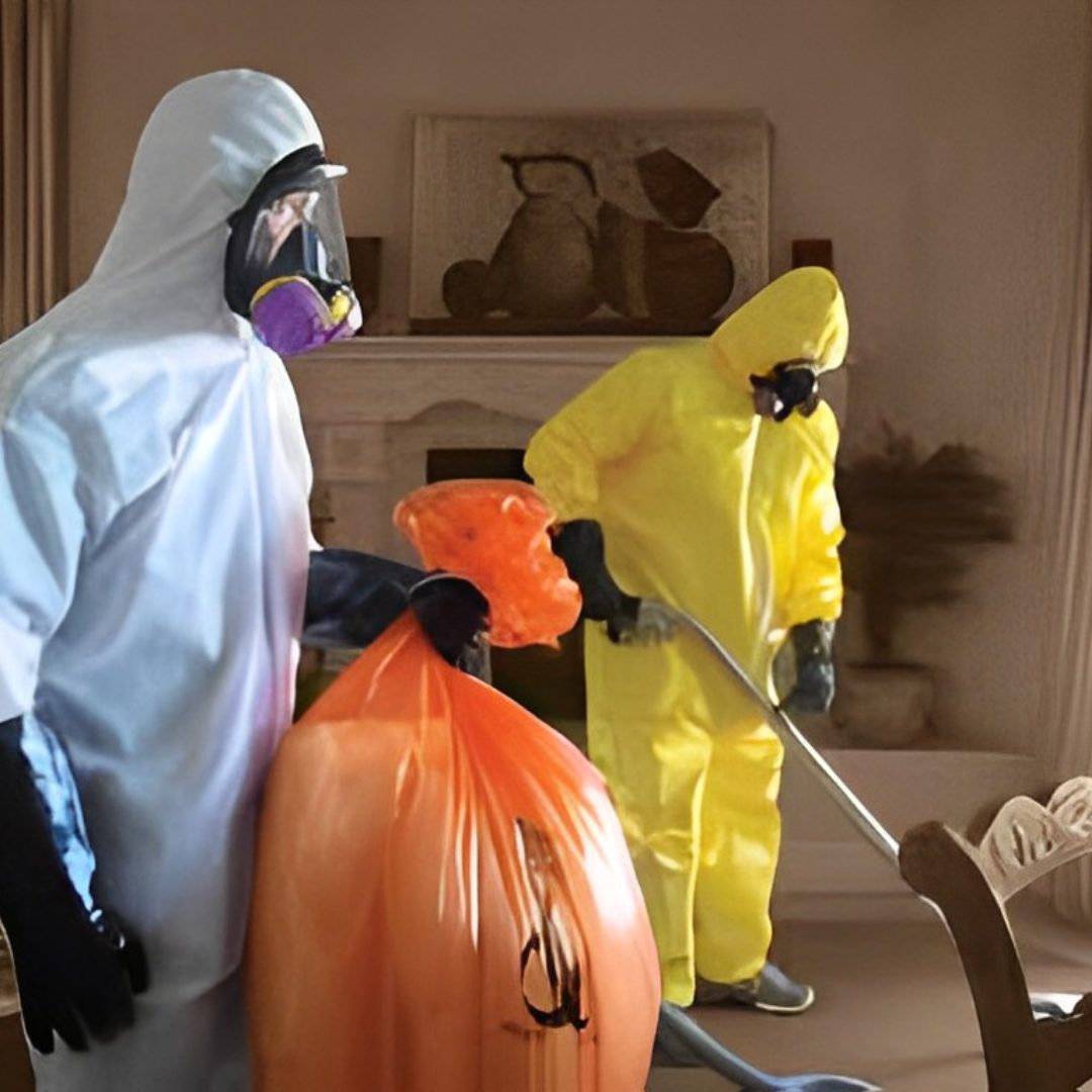 Image of two men in biohazard vests, one holding a vacuum, and one holding a biohazard bag. 