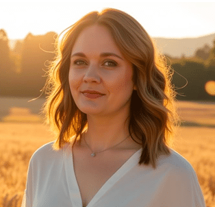 Woman with wavy brown hair smiles at the camera against a sunlit field. She wears a white blouse, a delicate necklace.