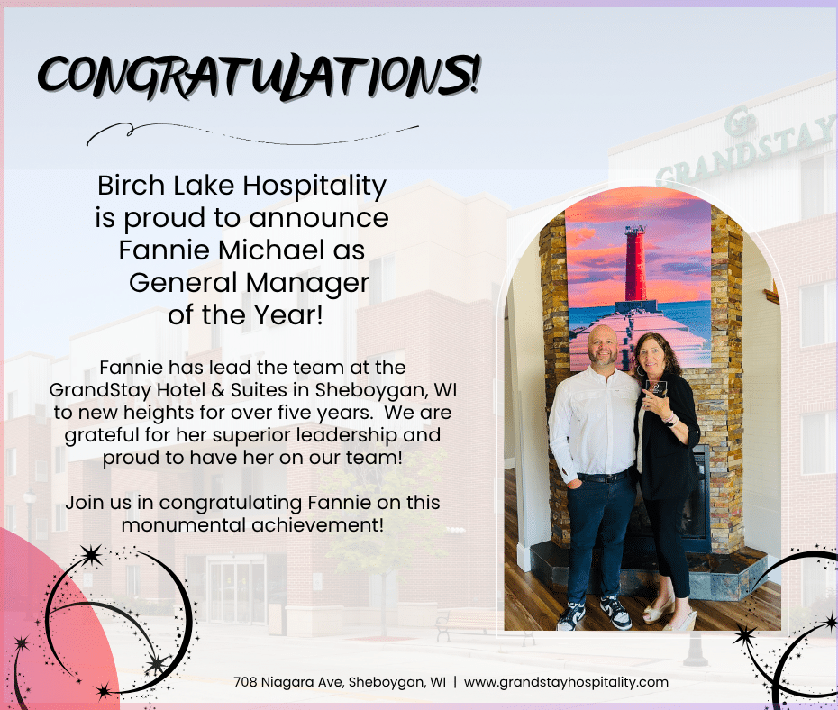 Announcement congratulating Fannie Michael as General Manager of the Year at GrandStay Hotel & Suites in Sheboygan, Wisconsin