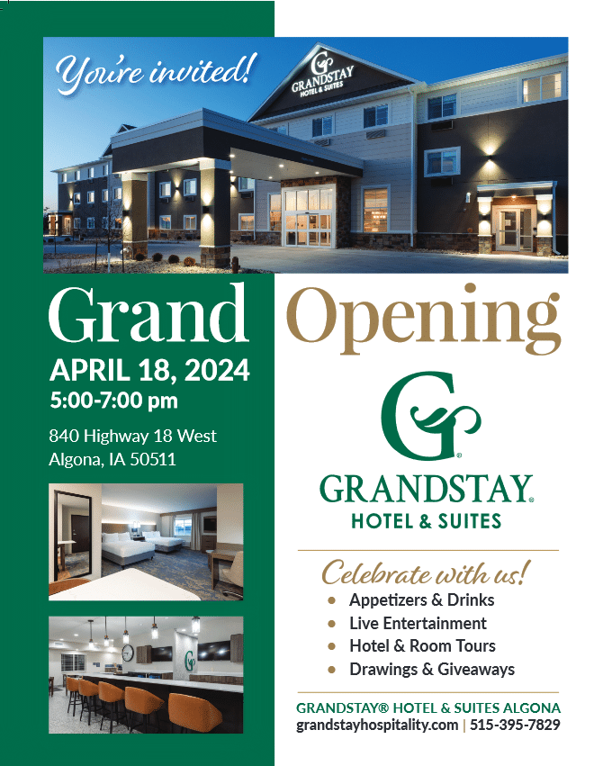 An advertisement for a grand opening of a hotel and suites