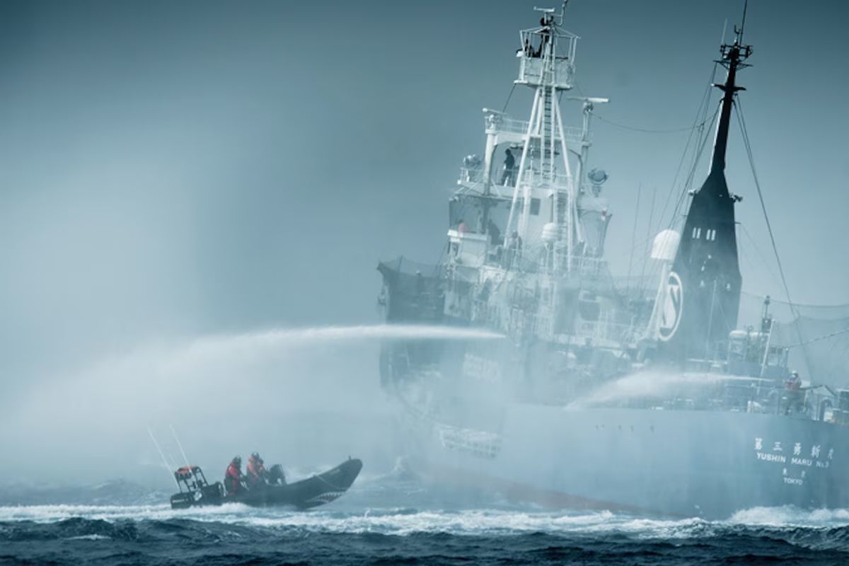 A boat is being towed by a large ship in the ocean.