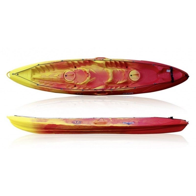View of a orange Ocean Quatro kayak from the side and top