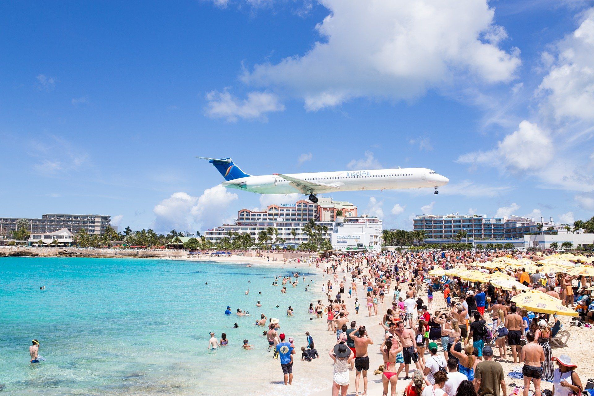Plane landing at Maho beach, St. Maarten
