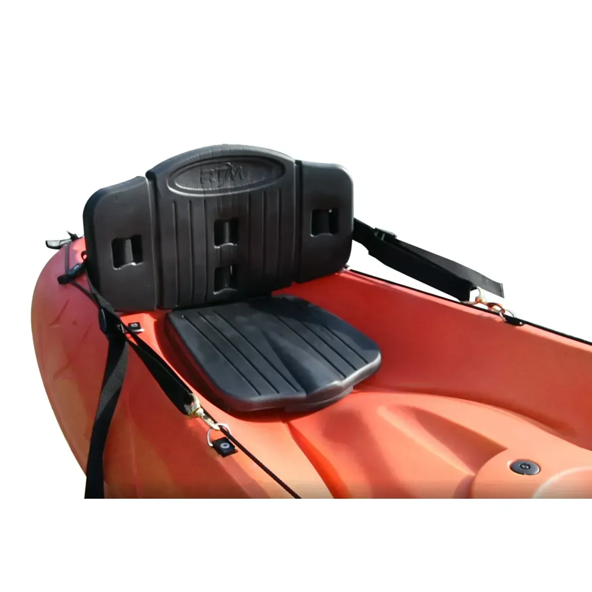 A red kayak with a black seat that says RTM on it