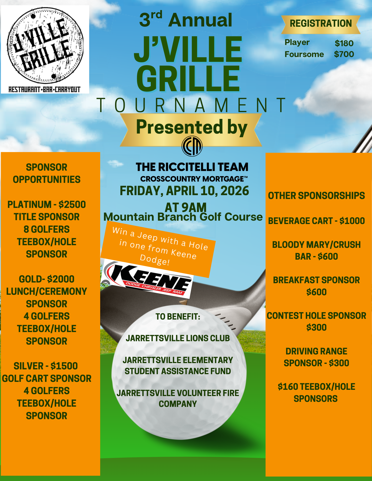 Golf tournament flyer: J'Ville Grille's 3rd annual event presented by The Riccitelli Team on April 10, 2026. Includes sponsorship opportunities.