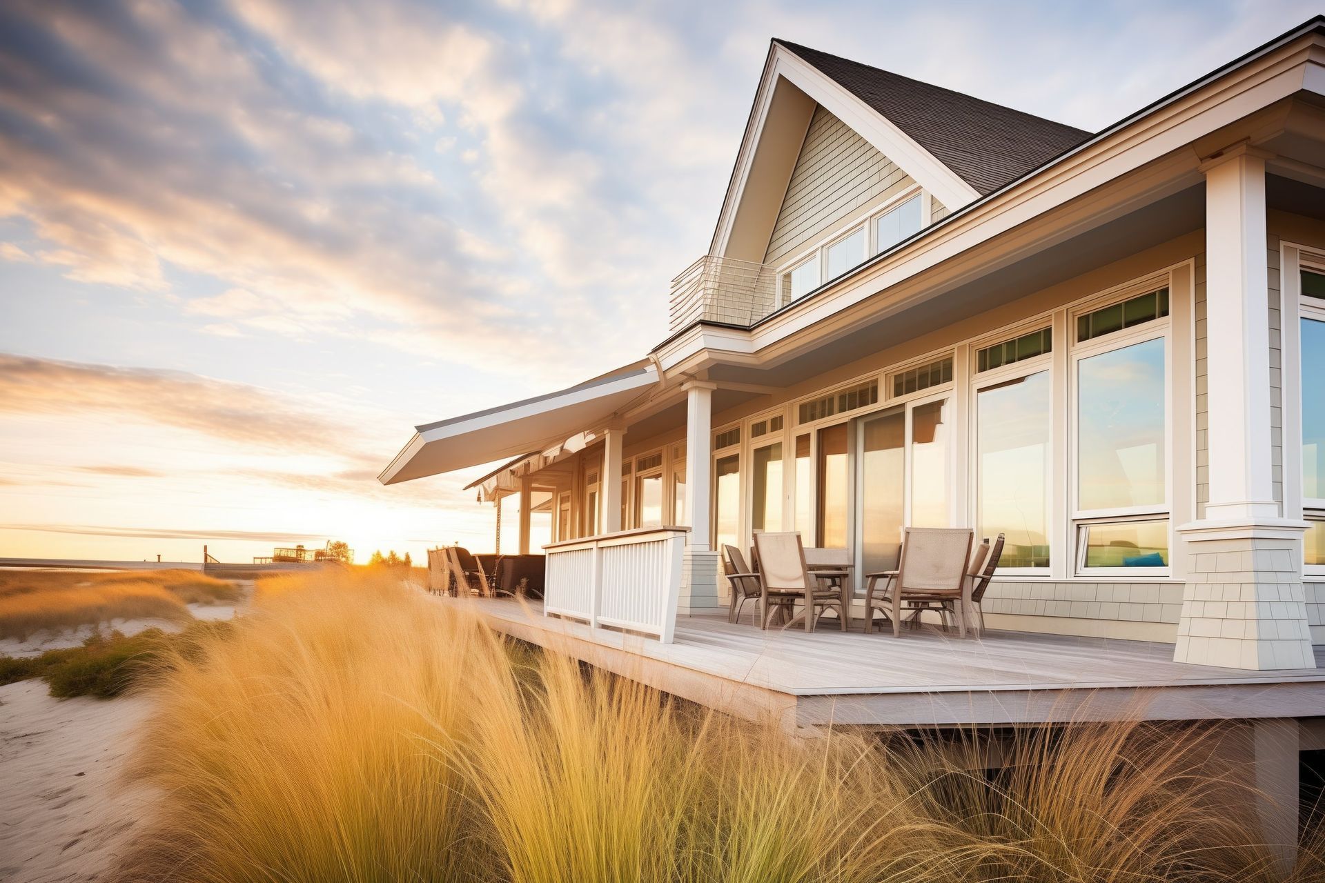 A large house with a large porch and a sunset in the background