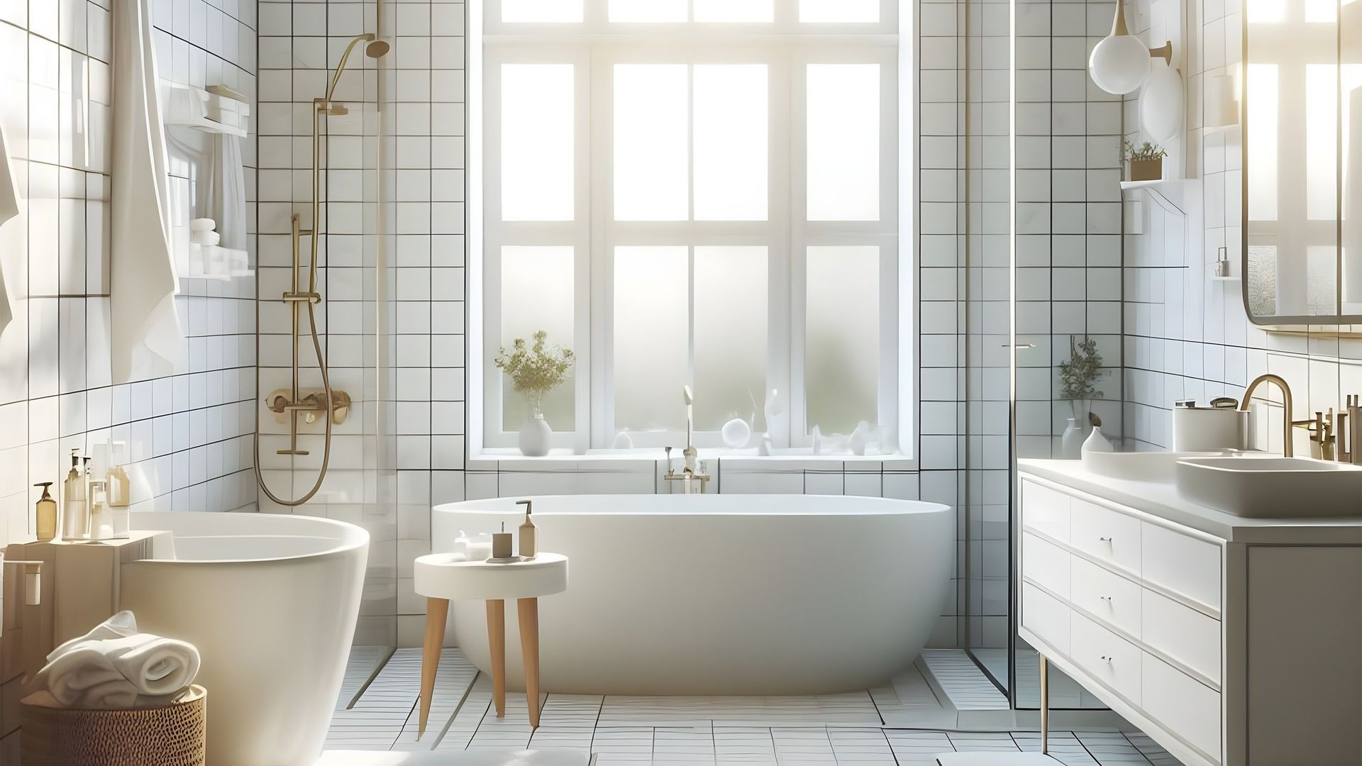 A bathroom with a tub , sink , mirror and window.