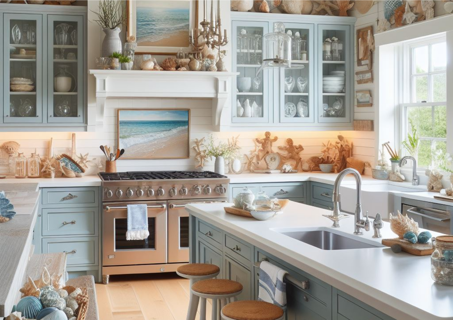 A kitchen with blue cabinets , stainless steel appliances , a sink , and a stove.