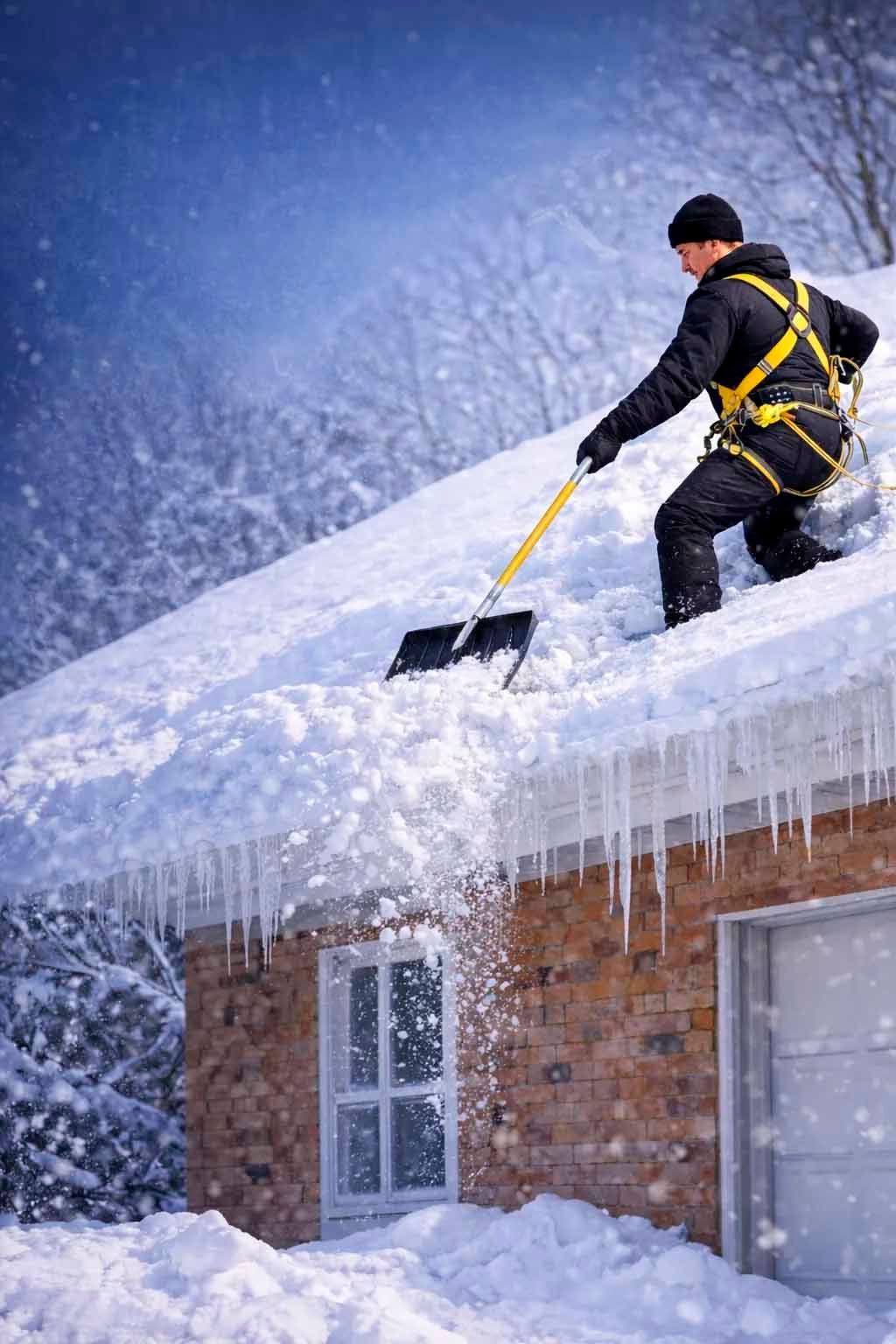 Un homme déneige un toit, portant un harnais de sécurité, en hiver, sous une épaisse couche de neige, avec des stalactites de glace.