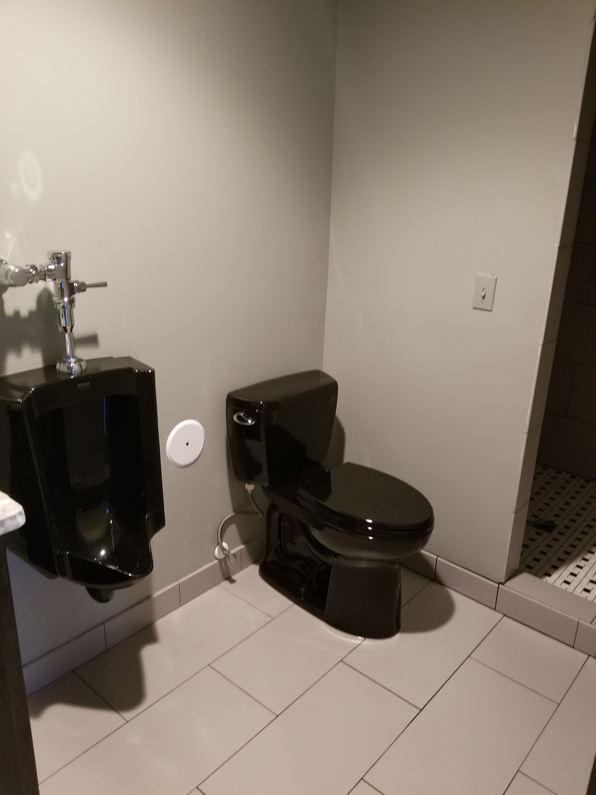 A bathroom with a black toilet and urinal