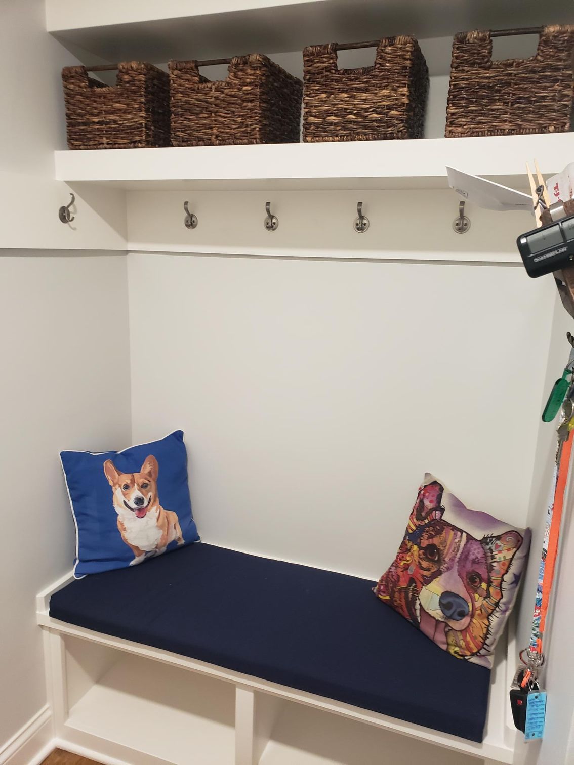 A bench with a picture of a dog on it in a room.