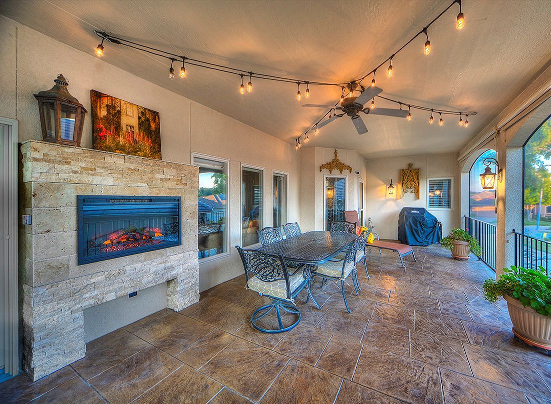 There is a fireplace in the middle of the room.