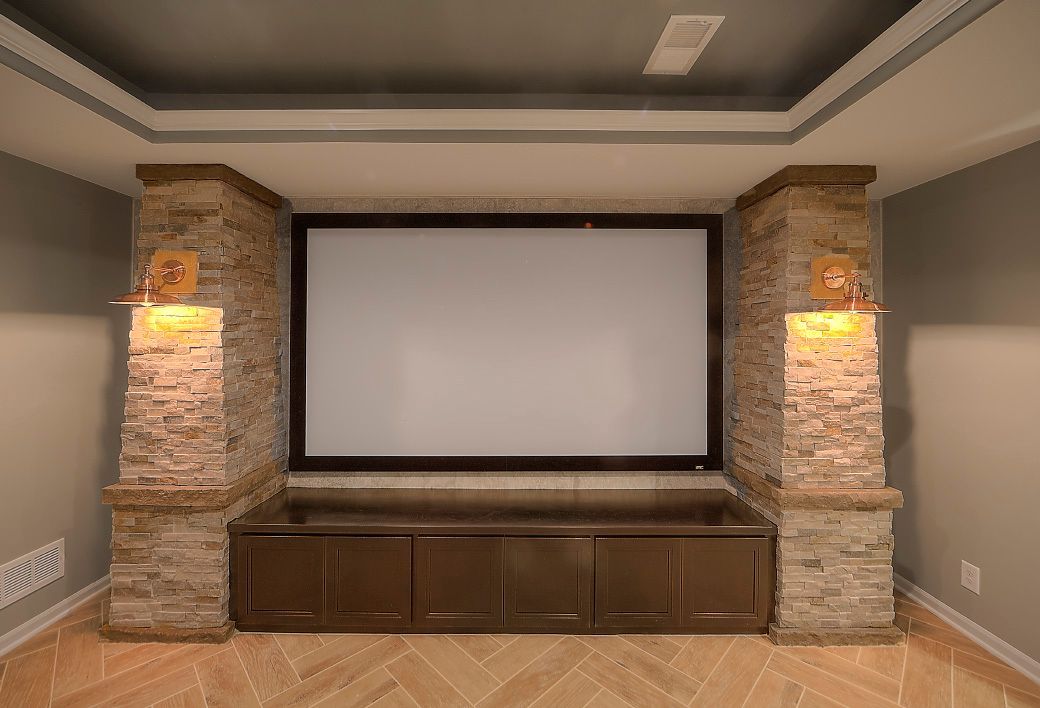 There is a projector screen in the middle of the room.