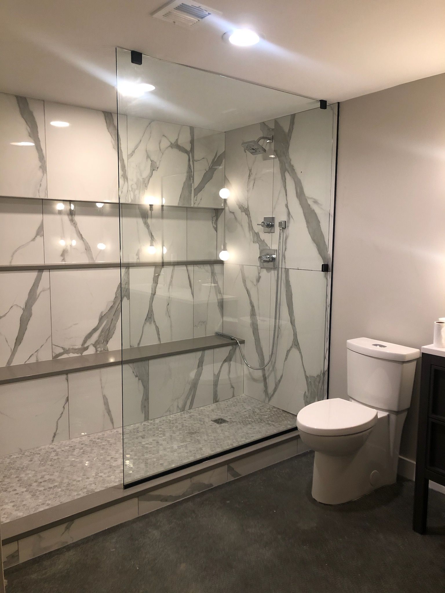 A bathroom with a toilet and a walk in shower.