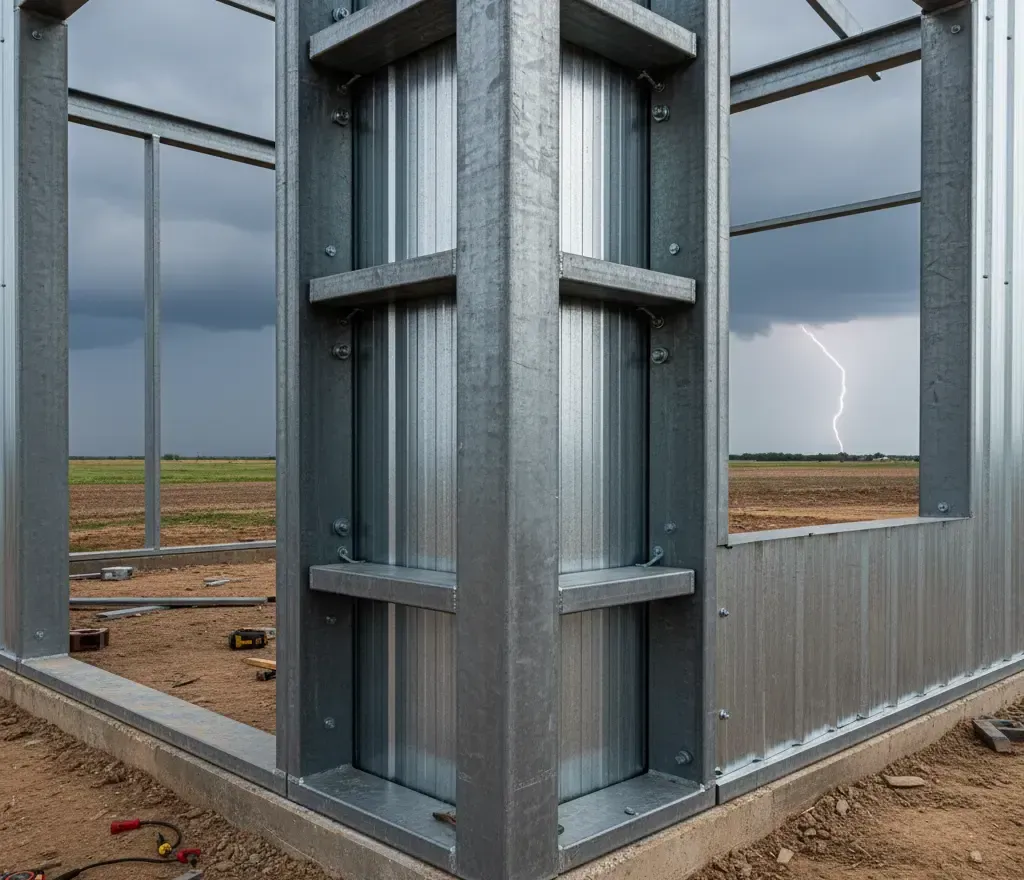 Steel frame building under construction, exterior corner view, with lightning in the distant sky.