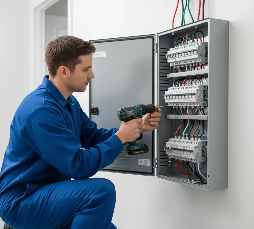 Electrician in blue coveralls installing wiring in an electrical panel with a power drill.