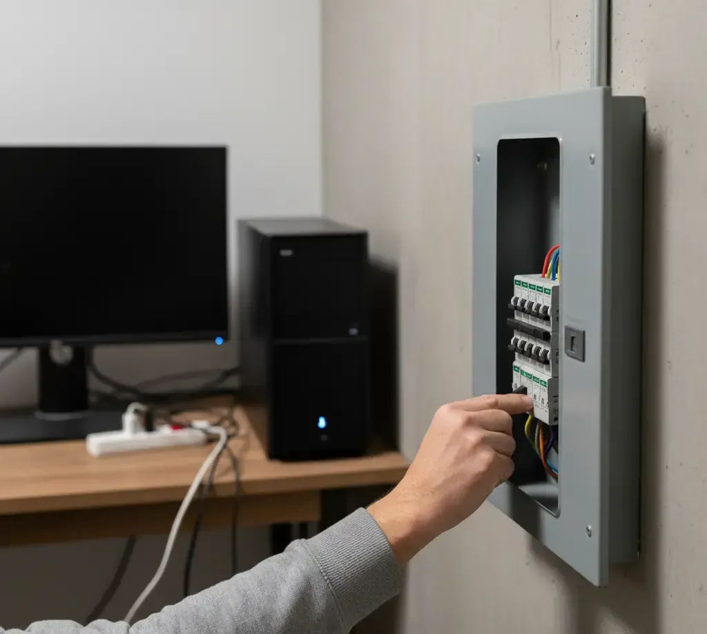 Person's hand adjusting wires in an electrical panel mounted on a gray wall; a computer setup is in the background.