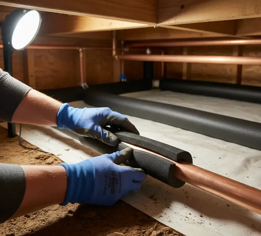 Person in blue gloves insulating a copper pipe under a structure.