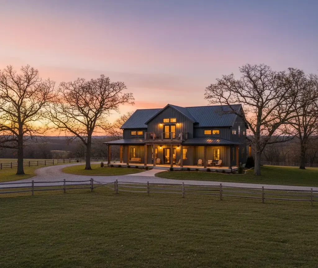 Large gray farmhouse at sunset with wrap-around porch and driveway.