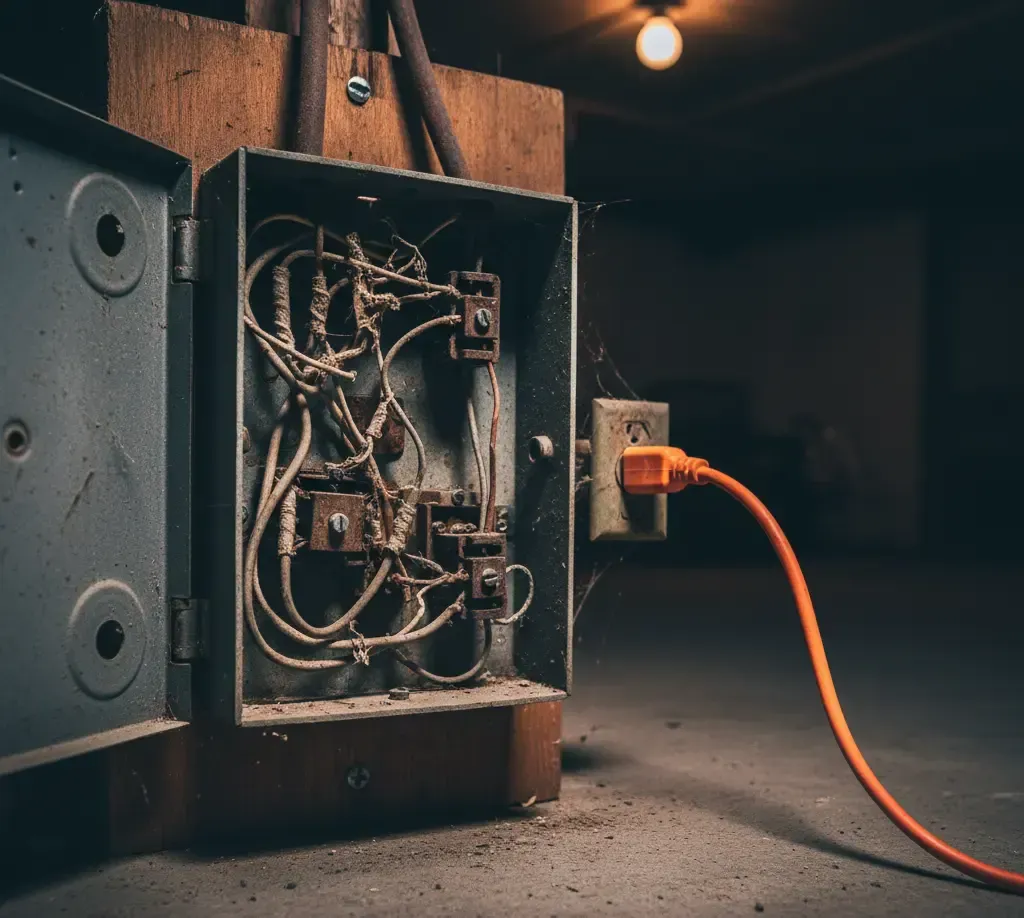 Open electrical panel with exposed wires, orange extension cord plugged into outlet in a dimly lit basement.