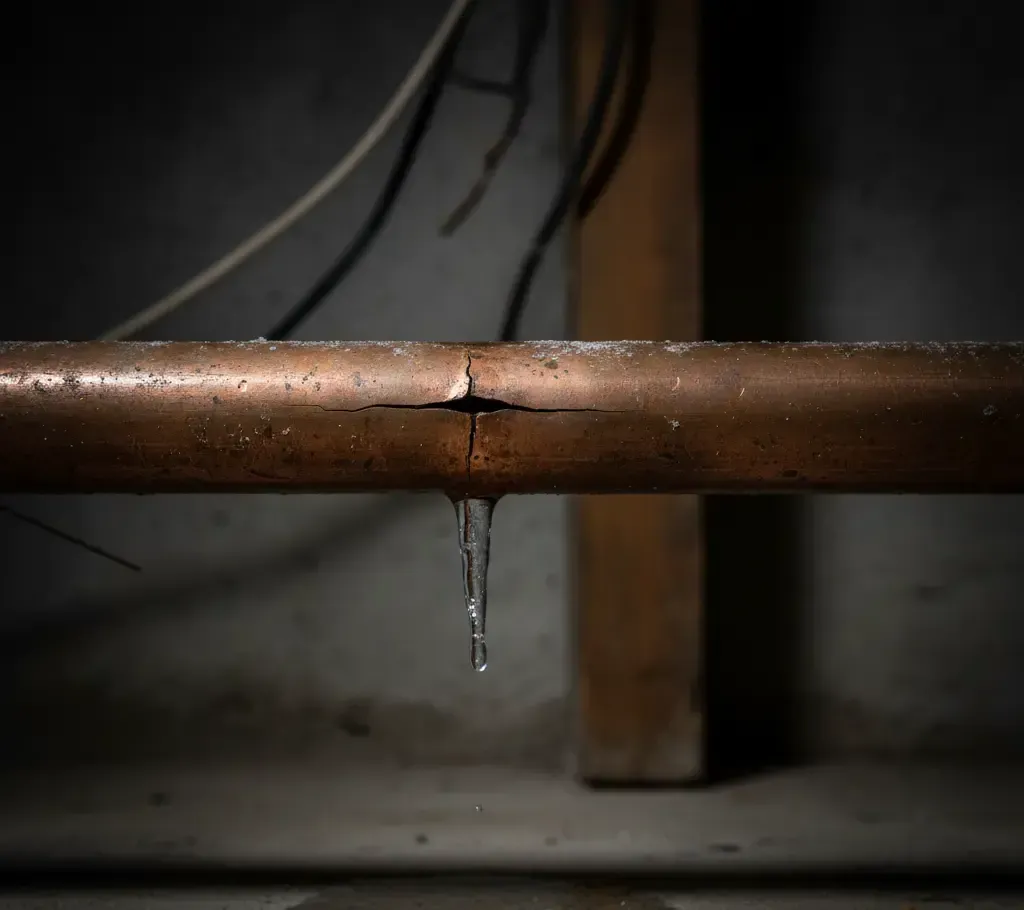 Cracked copper pipe with icicle hanging from the split, indoors with dark background.