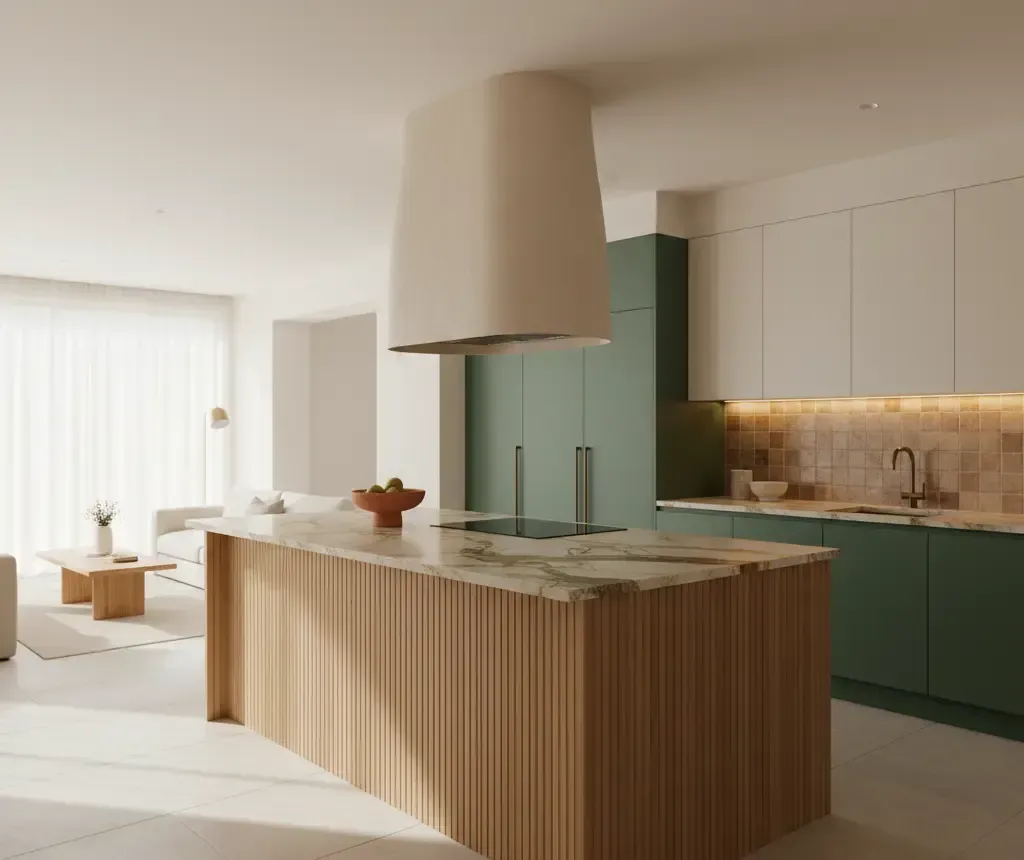 Modern kitchen with island and green cabinets, white hood and cabinets, wooden accents and light wood floors.