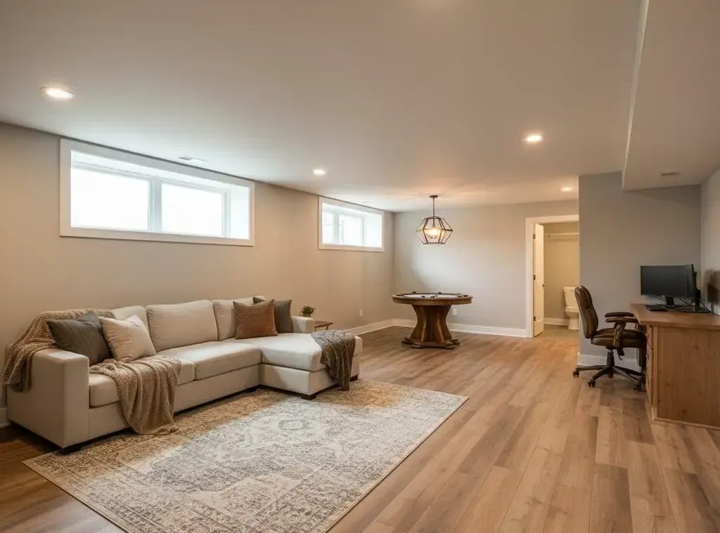 Cozy basement living area with sectional sofa, rug, wooden table, desk, and hardwood floors.