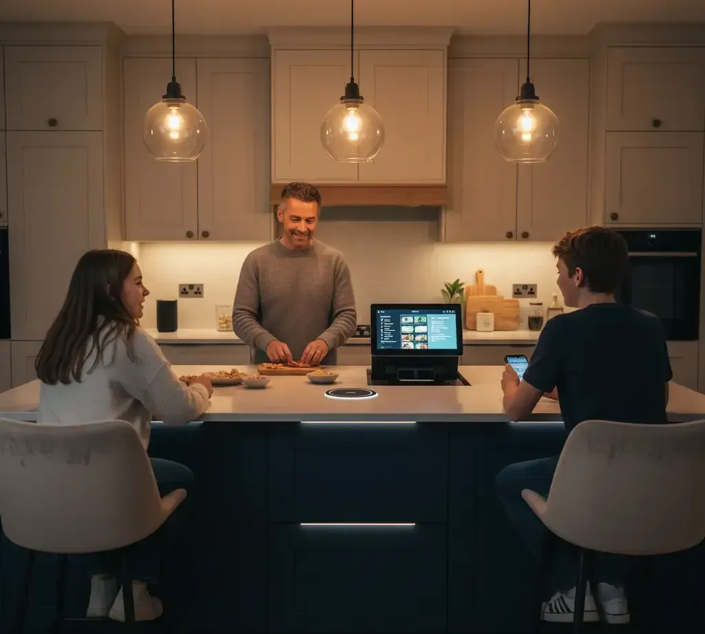 Electrician in blue coveralls installing wiring in an electrical panel with a power drill.