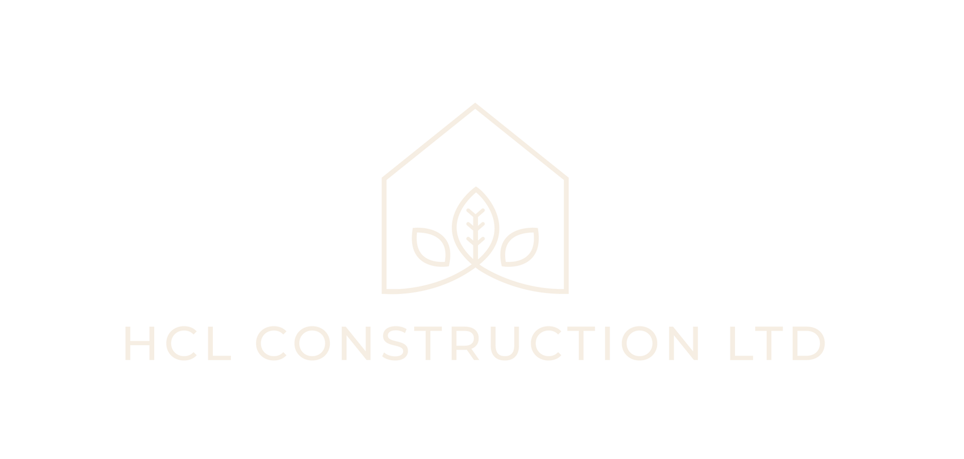 A logo for a construction company with a house and leaves on a white background.