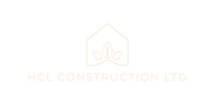 A logo for a construction company with a house and leaves on a white background.
