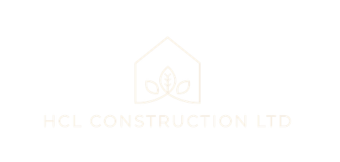 A logo for a construction company with a house and leaves on a white background.